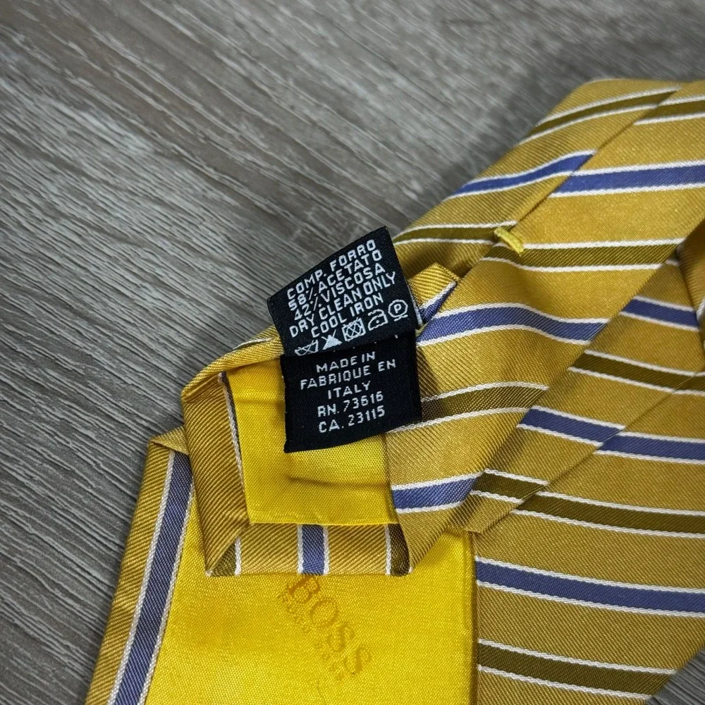 Hugo Boss Mens Silk Tie Yellow Blue Brown Striped Made in Italy Necktie